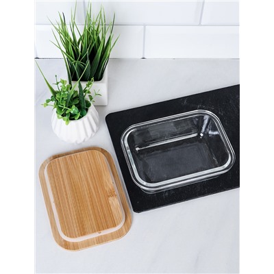 Контейнер прямоугольный крышка бамбук 370 мл стекло  / P370 /уп 48/