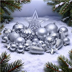 Набор новогодних украшений "Серебряный иней" (45шт х 4, 6, 8 см)