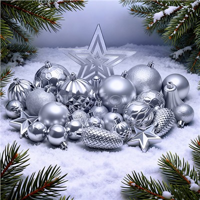 Набор новогодних украшений "Серебряный иней" (45шт х 4, 6, 8 см)
