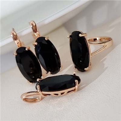 Комплект ювелирной бижутерии коллекция "Дубай" серьги, кулон и кольцо 20 р, покрытие позолота, вставка: фианит, цвет: черный, арт.314.903-20