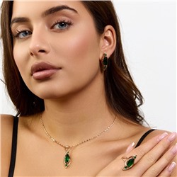 Комплект ювелирной бижутерии коллекция "Дубай" серьги, кулон и кольцо 17 р, покрытие позолота, вставка: стекло, цвет: изумрудный, арт.414.294-17