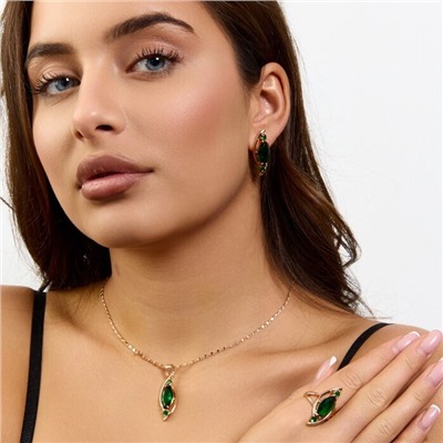 Комплект ювелирной бижутерии коллекция "Дубай" серьги, кулон и кольцо 17 р, покрытие позолота, вставка: стекло, цвет: изумрудный, арт.414.294-17