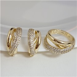 Комплект ювелирной бижутерии Итальянское золото (покрытие желтое 14к), серьги и кольцо 19 р, вставка: фианиты, цвет: прозрачный, арт.313.218-19