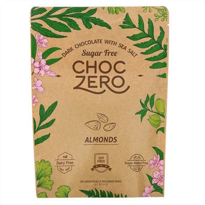 ChocZero, Dark Chocolate with Sea Salt, Almonds, Sugar Free,  6 Bars, 1 oz Each