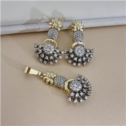 Комплект ювелирной бижутерии Итальянское золото (покрытие желтое 14к), серьги и кулон, вставка: фианиты, цвет: прозрачный, арт.217.548