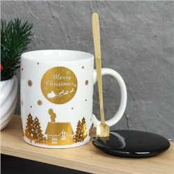 Кружка новогодняя с крышкой, ложка /300 мл/ HB-075 /уп 60/