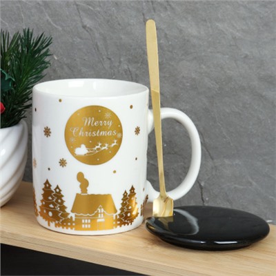 Кружка новогодняя с крышкой, ложка /300 мл/ HB-075 /уп 60/