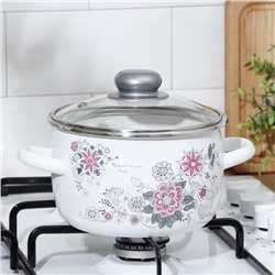 Кастрюля эмалированная «Весенний романс», 2 л, d=19 см, стеклянная крышка, индукция, цвет белый