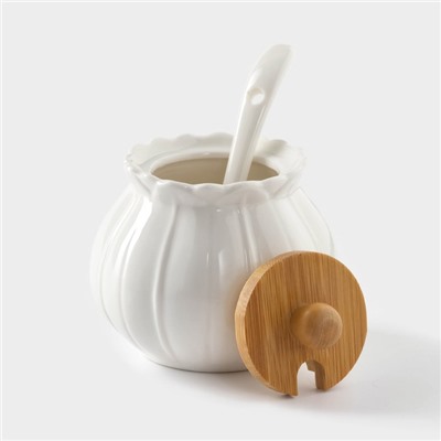 Набор фарфоровый сервировочный BellaTenero «Тюльпан», 4 предмета: молочник 200 мл, сахарница с крышкой 170 мл, бамбуковая подставка, ложка, белая