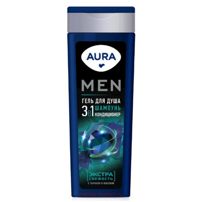AURA Men Гель для душа 3в1 Экстра Свежесть с таурином и ментолом флакон 380мл
