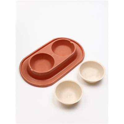 Миска двойная для животных «Мур-мяу», 300 мл, на подставке, пластик, цвет кирпичный