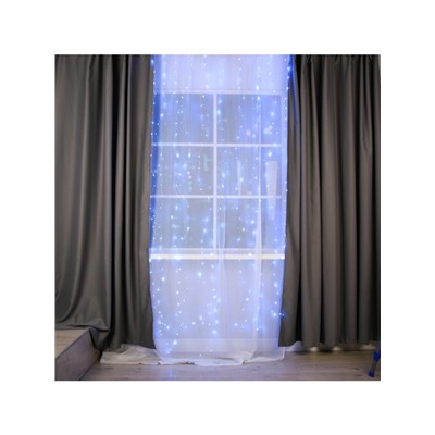 Гирлянда «Занавес» 2.8×3 м роса на крючках, с пультом, IP20, серебристая нить, 300 LED, свечение синее, 8 режимов, USB