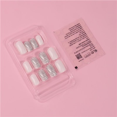 Накладные ногти «Зебра», 24 шт., с клеевыми пластинами, форма мягкий квадрат, белые, серебристые