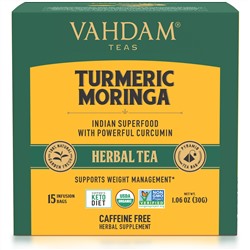 Vahdam Teas, травяной чай, куркума и моринга, без кофеина, 15 чайных пакетиков, 30 г (1,06 унции)