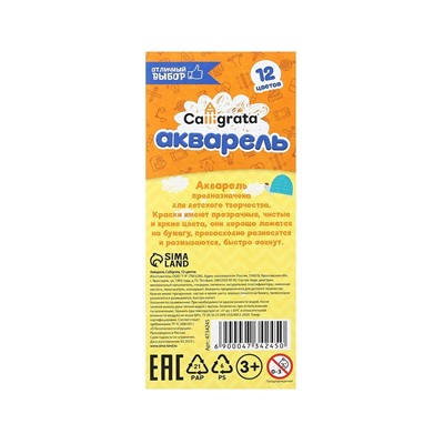 Акварель Calligrata, 12 цветов, без кисти, картон, МИКС