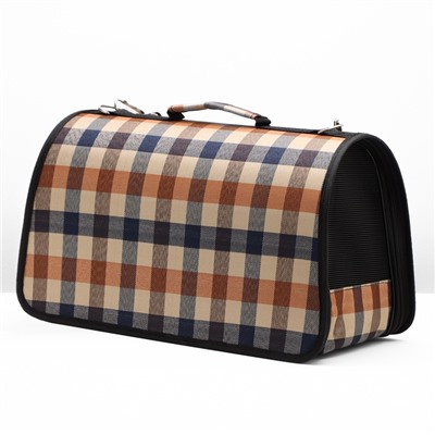 Сумка - переноска, размер M, 43×21×26 см, каркасная, со шторкой, клетчатая