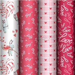 Упаковочная бумага глянц. 70*100см, "Love", 80 г/м2, ассорти, 4 дизайна