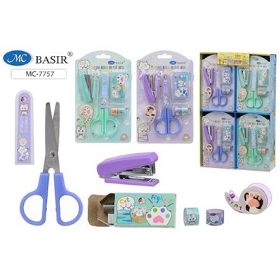 Набор канцелярский "ЛАПКИ" ножницы+степлер+скобы+диспенсер+2 скотча МС-7757 Basir