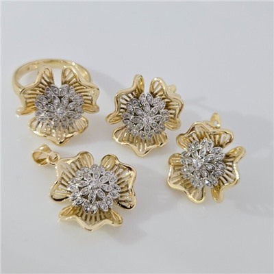 Комплект ювелирной бижутерии Итальянское золото (покрытие желтое 14к), серьги, кулон и кольцо 17 р, вставка: фианиты, цвет: прозрачный, арт.313.317-17