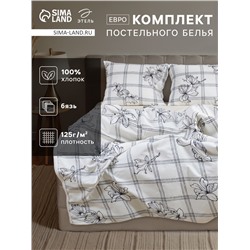 Постельное бельё евро «Этель» Ink flowers, бязь