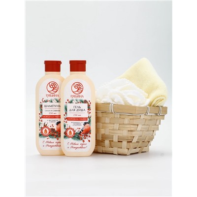 Подарочный набор в деревянной корзине «Рождество», гель для душа, шампунь, полотенце, РЯБИНА