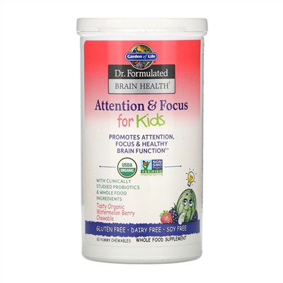 Garden of Life, Dr. Formulated Brain Health, внимание и концентрация для детей, вкус арбуза и ягод, 60 вкусных жевательных таблеток