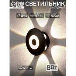 Светильник фасадный «Искра», 8 Вт, 3000К, 6 лучей, IP65, 220 В, пластиковый корпус, чёрный, свечение тёплое белое
