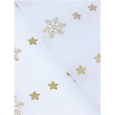 Бумага упаковочная новогодняя тишью «Снежинки со звездами», золотистый, 50×66 см