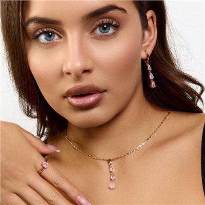 Комплект ювелирной бижутерии коллекция "Дубай" серьги, кулон и кольцо 18 р, покрытие позолота, вставка: фианиты, цвет: прозрачно-розовый, арт.414.302-18