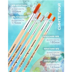 Набор кистей для рисования, синтетика, 5 штук: №: 1, 2, 5 (круглые), № 6, 8 (плоские), Calligrata, круглые, плоские, деревянная ручка, в пакете