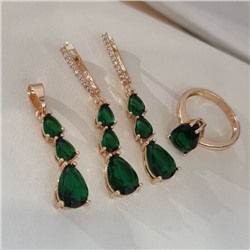 Комплект ювелирной бижутерии коллекция "Дубай" серьги, кулон и кольцо 17 р, покрытие позолота, вставка: фианиты и цирконы, цвет: изумрудный и прозрачный, арт.414.282-17