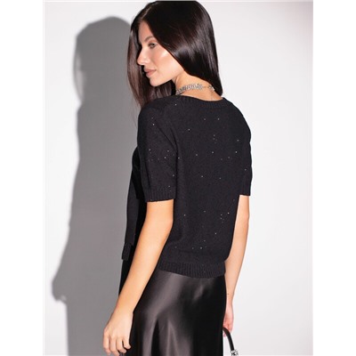 Джемпер с V вырезом и коротким рукавом из хлопковой пряжи с пайетками