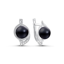 Серьги из серебра с культ. чёрным жемчугом и фианитами родированные 925 пробы СМ094р1006