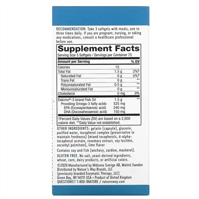 Enzymatic Therapy, Eskimo-3, натуральный стабильный рыбий жир, 225 капсул