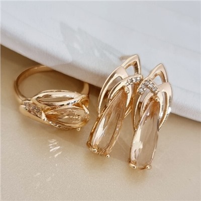 Комплект ювелирной бижутерии коллекция "Дубай" серьги и кольцо 17 р, покрытие позолота, вставка: стекло и цирконы, цвет: шампань и прозрачный, арт.313.494-17