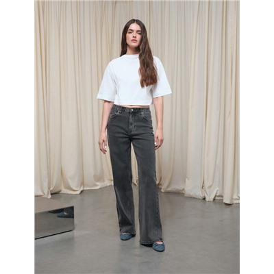 Актуальная коллекция CONTE CON-802 Чёрные джинсы wide leg с эффектом потёртостей и двойными шлёвками