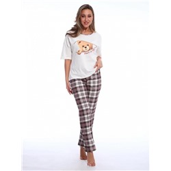 Пижама женская с удлиненной футболкой и брюками в клетку, Арт. 518 (Бежевый/клетка)