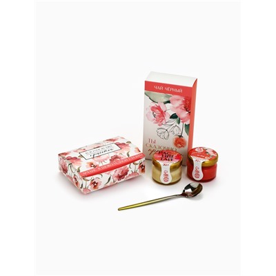 Подарочный набор «Вдохновляй красотой»: крем-мёд с клубникой и хлопком 30 г × 2 шт., арахис в шоколадной глазури 100 г, чай чёрный с лесными ягодами 70 г, ло�...