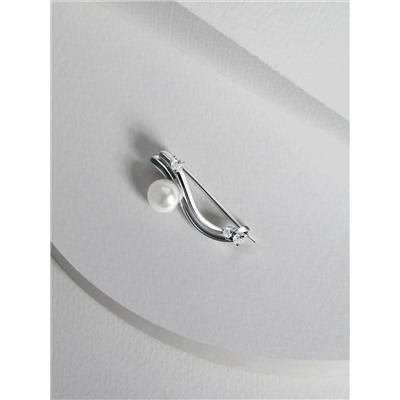 Брошь из серебра с культивированным жемчугом и фианитами родированная Бр-17р1005