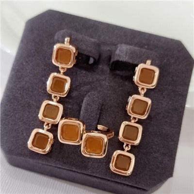 Комплект ювелирной бижутерии коллекция "Дубай" серьги и кольцо 17 р, покрытие позолота, вставка: стекло, цвет: оранжево-желтый, арт.313.489-17