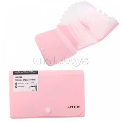 Папка на кнопке с 13-ю отделениями "Pastel" пластиковая 700 мкм, для документов формата C6 (17,8x12x2 см) внутренние отделения толщиной 170 мкм, в комплекте с бумажными цветными индексами, непрозрачная розовая