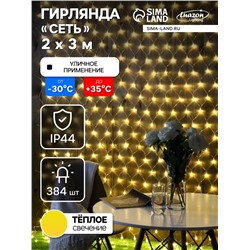 Гирлянда «Сеть» 2×3 м, IP44, УМС, прозрачная нить, 384 LED, свечение тёплое белое, 220 В