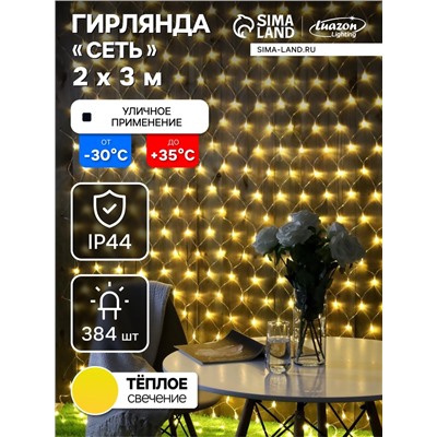Гирлянда «Сеть» 2×3 м, IP44, УМС, прозрачная нить, 384 LED, свечение тёплое белое, 220 В