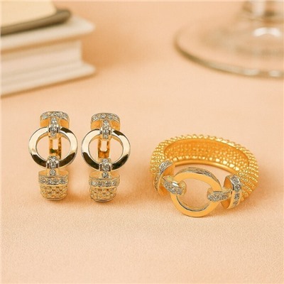 Комплект ювелирной бижутерии коллекция "Дубай" серьги и кольцо 17 р, покрытие позолота, вставка: фианиты, цвет: прозрачный, арт.217.371-17