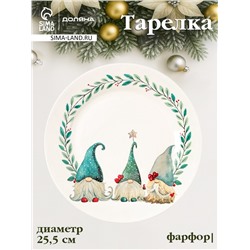 Тарелка новогодняя Доляна «Домашние гномики», d=25.5 см, фарфор, белая