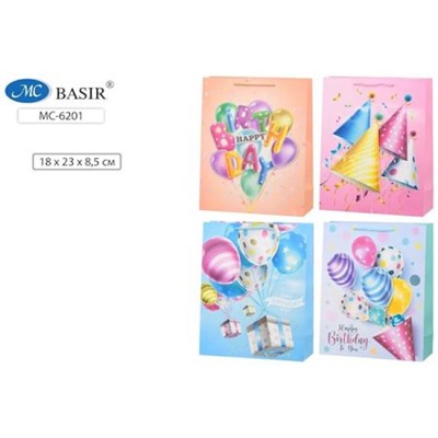 Пакет бумажный 18х23х8,5 см "HAPPY BIRTHDAY" объемная аппликация ассорти МС-6201 Basir
