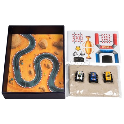 Игрушка для детей старше трех лет, в наборах, из формирующихся пластичных масс (кинетический песок, пластичный песок) и тематических предметов игрового обихода (игрушечный трансопрт) из полимерных материалов с элементами из бумаги, картона