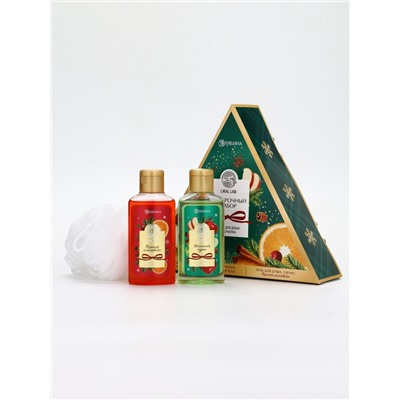 Подарочный набор новогодний: гель для душа 2 шт. х100 мл, мочалка для тела, аромат яблоко и глинтвейн, URAL LAB