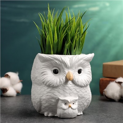 Фигурное кашпо для цветов «Сова с совёнком», 12×14×10 см, гипс, белое