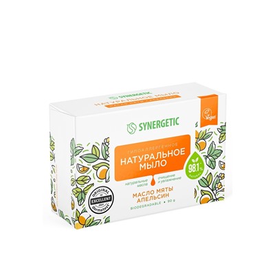 Натуральное туалетное мыло Synergetic «Масло мяты и апельсин», гипоаллергенное, 90 г
